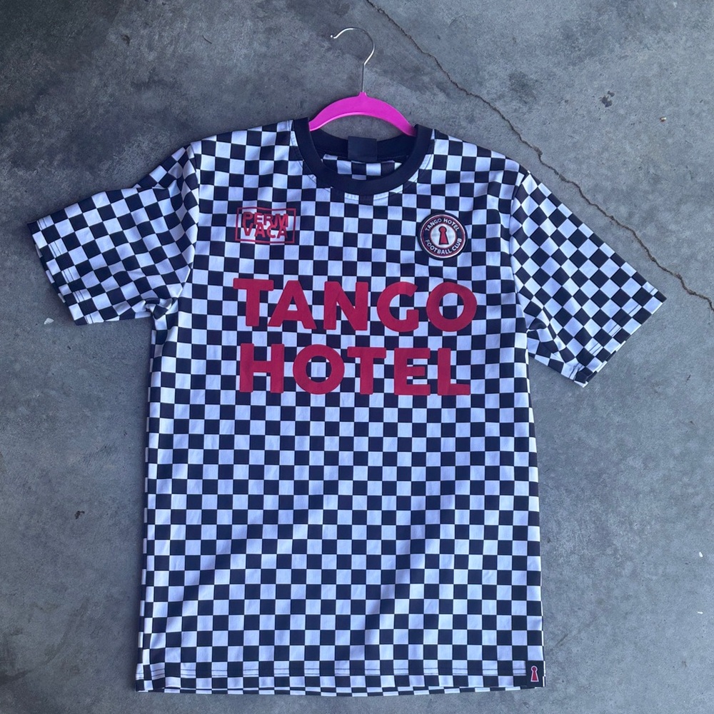 MENS Tango Hotel, Black and White Checkered Football Jersey Shirt, Medium